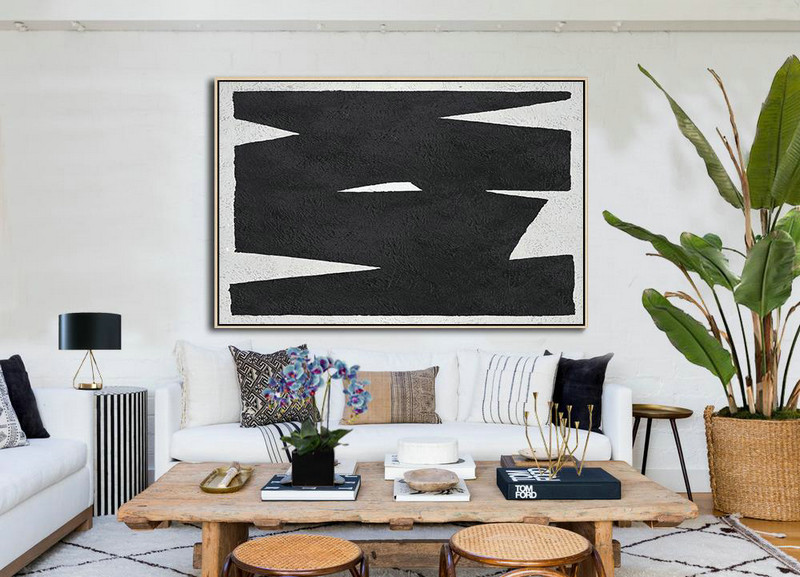 Textured Painting Canvas Art,Hand Painted Oversized Horizontal Minimal Art On Canvas, Black And White Minimalist Painting - Large Colorful Wall Art